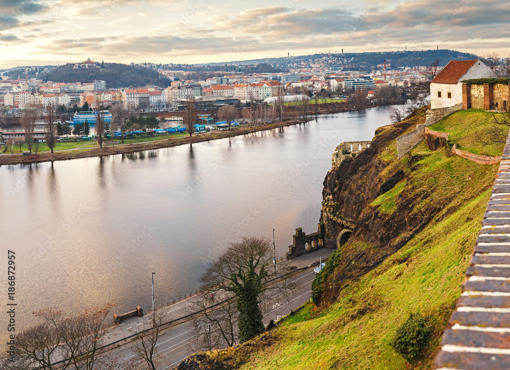 View of Prague and the Vltava River from Vysehrad Fortress viewing platform