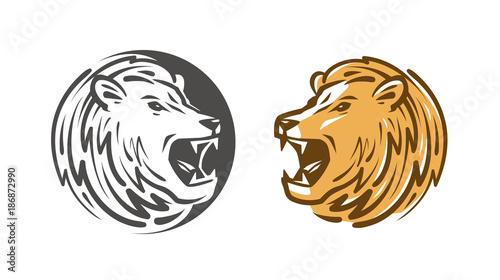Lion roars logo or label. Animal, wildlife emblem. Vector illustration © ~ Bitter ~