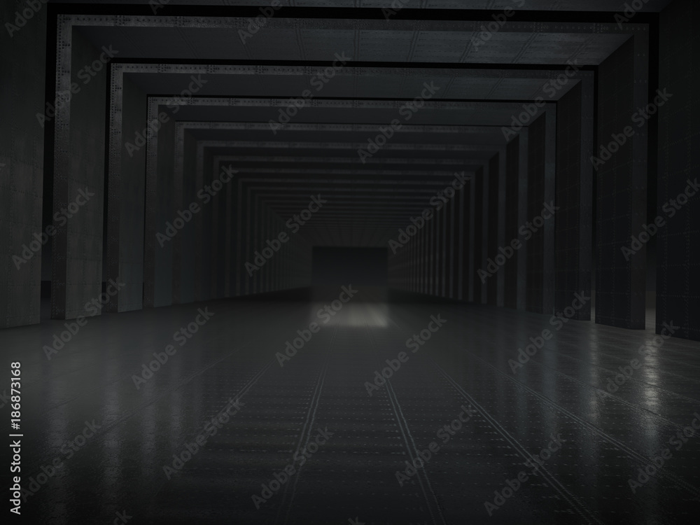 Abstract structure,Product showcase background,Long dark corridor interior design.3D rendering