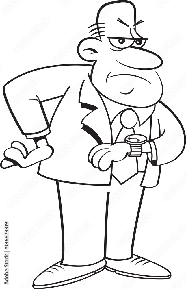 Black and white illustration of an angry man looking at his watch. Black and white illustration of an angry man looking at his watch.