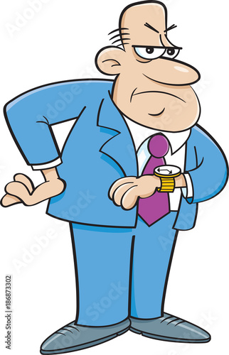 Cartoon illustration of an angry man looking at his watch.