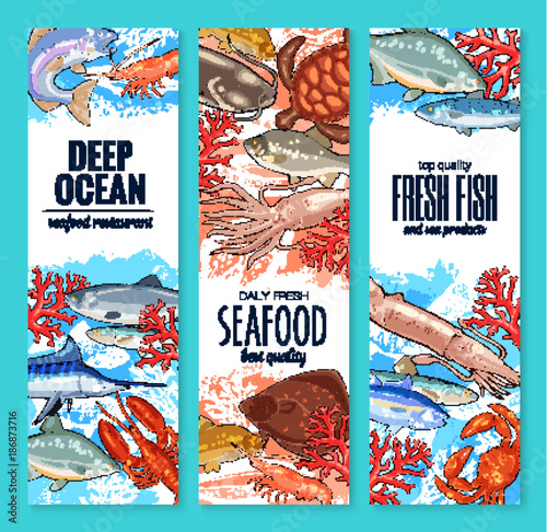 Vector banners of seafood fish products sketch