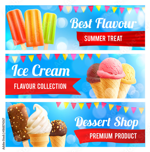 Ice cream chocolate and vanilla dessert 3d banner