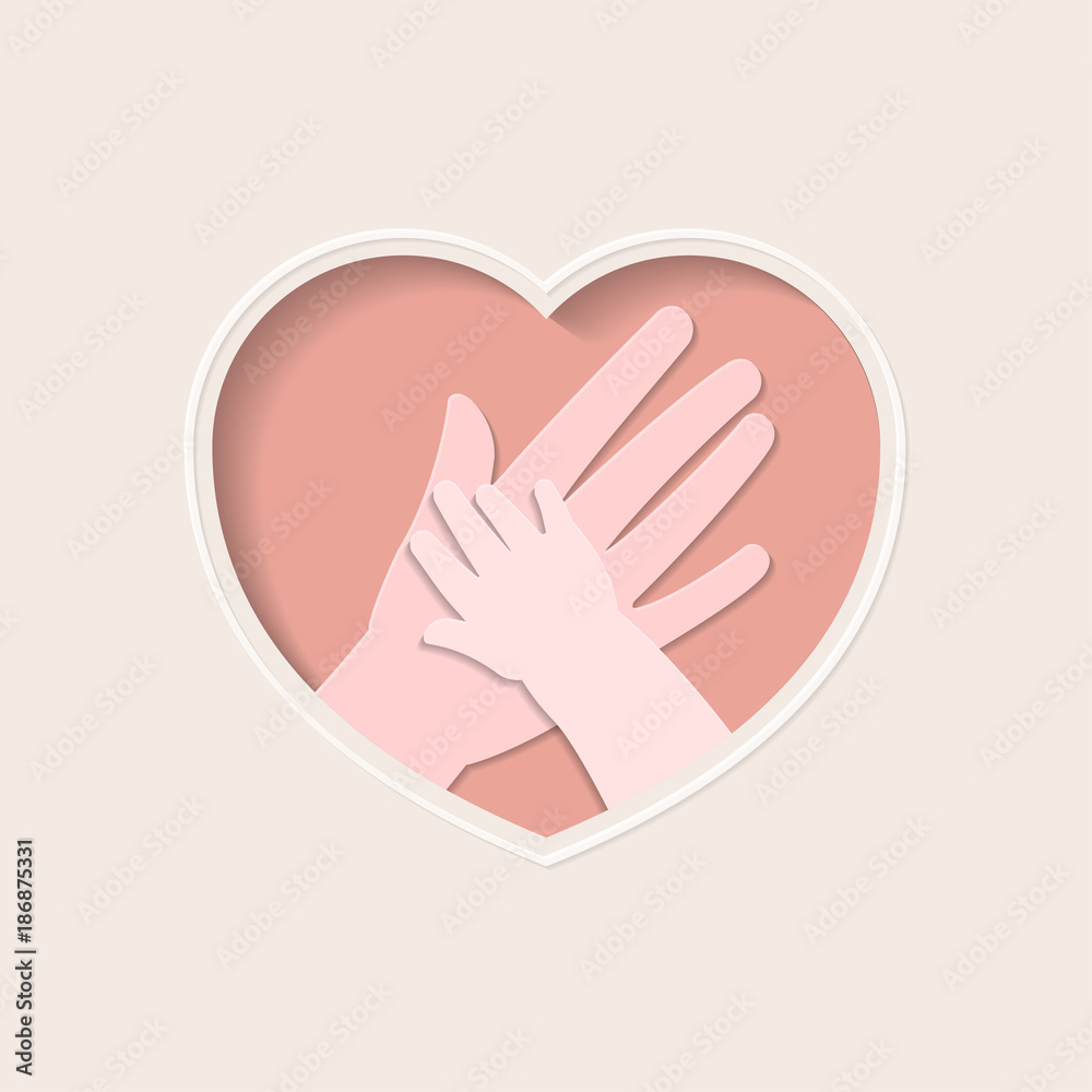 Big hand holding small one represent mother and baby, in pink heart shaped frame paper art greeting card Big hand holding small one represent mother and baby, in pink heart shaped frame paper art greeting card