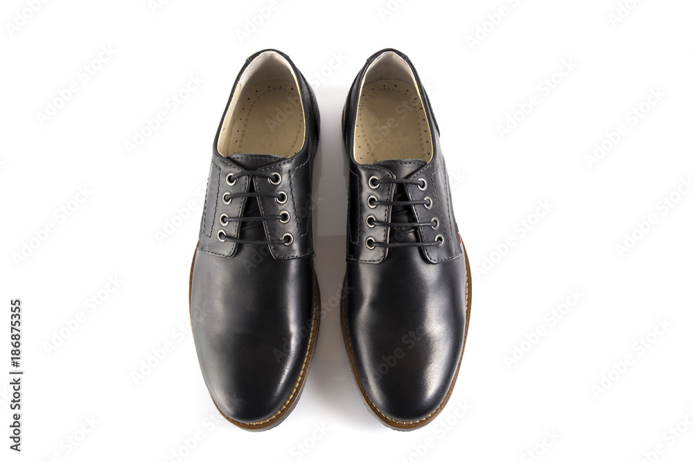 Male black leather shoe on white background, isolated product, comfortable footwear.