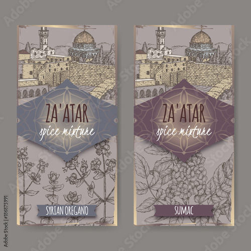 Two Zaatar labels with Jerusalem landscape, Syrian oregano and Sumac sketch.