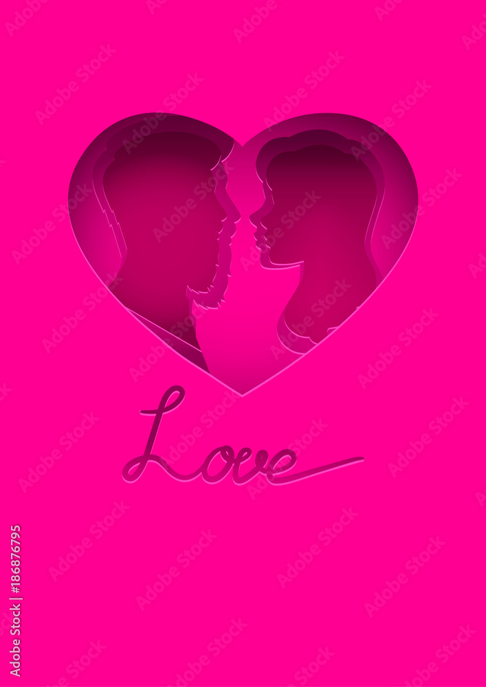 Vector illustrations of a couple. In love couple on pink background. Silhouette of people in hearts shape lettering love. Cut effect illustration for a gift card on Valentines day
