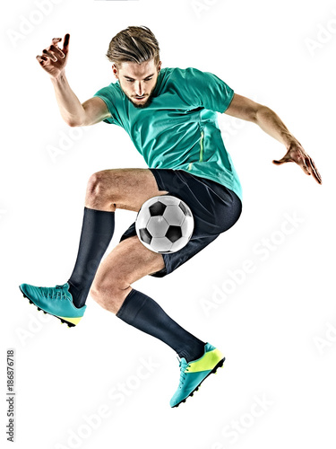 one caucasian soccer player man jungling isolated on white background