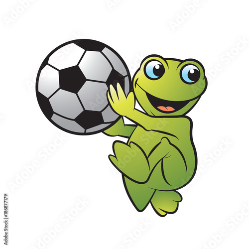 cartoon happy frog or mascot holding and walking foot ball vector illustration