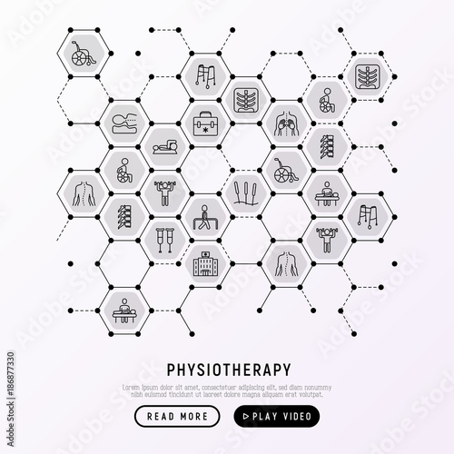 Physiotherapy concept in honeycombs with thin line icons: rehabilitation, physiotherapist, acupuncture, massage, go-carts, x-ray, trauma, crutches, wheelchair. Vector illustration, web page template.