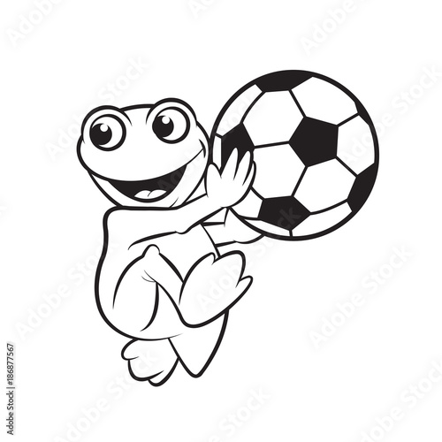 black outline happy frog cartoon or mascot holding foot ball  vector illustration