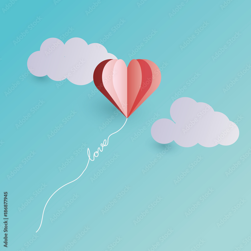 Pink heart balloon floating in the sky, rope tied in love letters.Happy valentine's day background