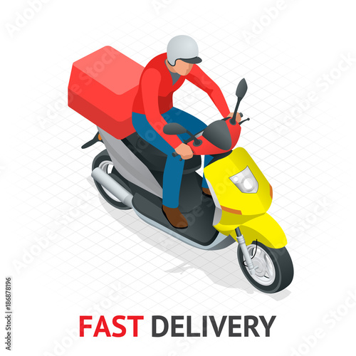 Isomeric fast delivery concept. Delivery scooter. Motorcycle Service.