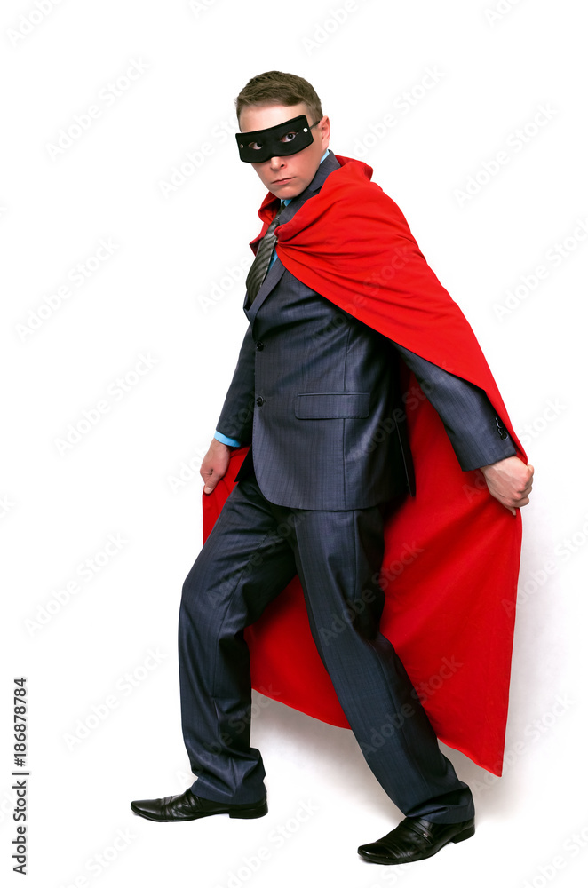 Super hero man sneaks and looks around isolated on white background. Super hero man sneaks and looks around isolated on white background.