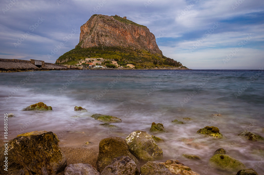 The medieval Byzantine castle of Monemvasia as seen by distance taken with long exposure.Lakonia,Peloponnese