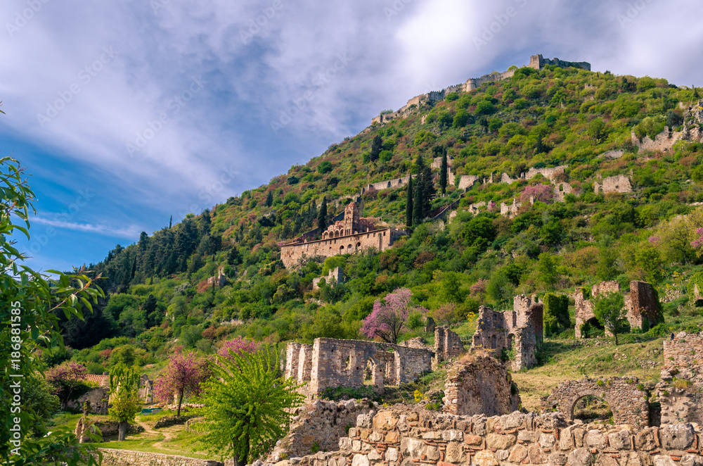 View of ruins of the archaeological medieval town of Mystras,one of the most important Byzantine sites in Greece.