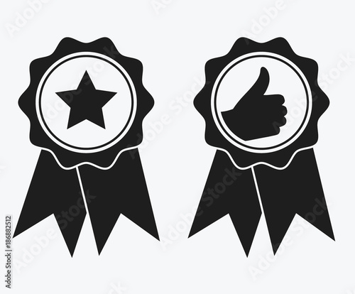 A sign of premium class. Medal with a star and ribbon. Mark of distinction. Black and white quality symbol. Vector illustration of medal icons. Reward for the first place.