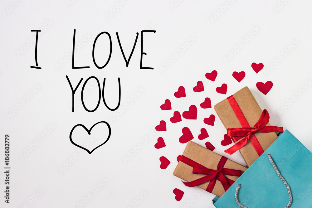 Two Gifts, Gift Package, Hearts on the White Background. Added Text I Love You Two Gifts, Gift Package, Hearts on the White Background. Added Text I Love You