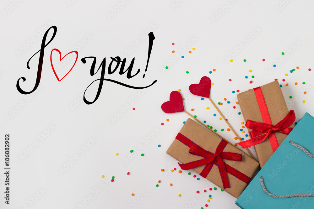 Hearts on Sticks, Two Gifts, Gift Package on the White Background. Added text I Love You