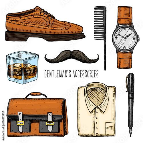 gentleman accessories. hipster or businessman, victorian era. engraved hand drawn vintage. brogues and fountain pen, briefcase and pouch, comb and wristwatch, mustache and shirt, a glass of whiskey.