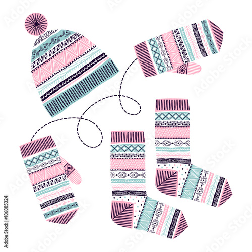 Set of illustrations with a knitted hat, mittens and socks. Freehand drawing. Can be used for scrapbook, postcards, print, etc.