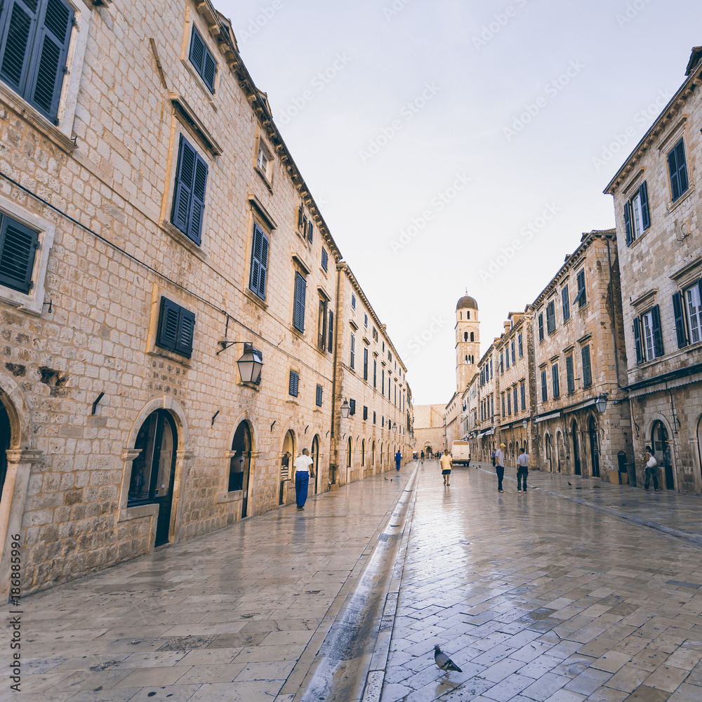 Stradun street at old part of the city early in the morning. Dubrovnic, Croatia. Fortification.
