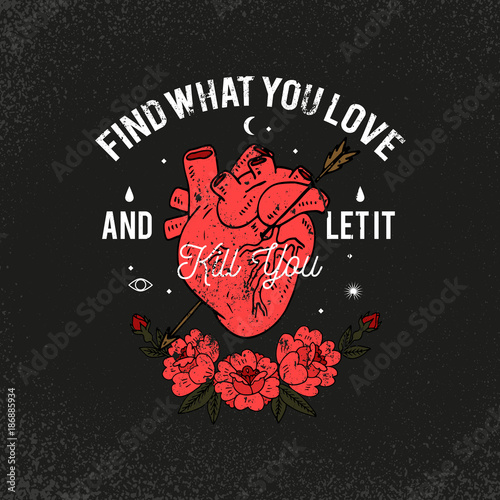 Heart with roses. Kill you slogan. Typography graphic print, fashion drawing for t-shirts. Vector stickers,print, patches vintage rock style