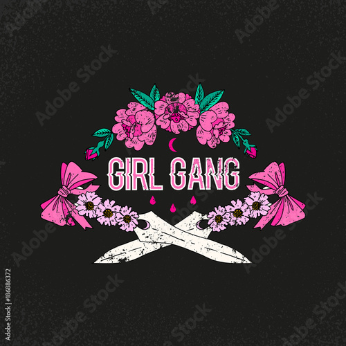 Girl gang slogan. Flower with sword. Rock and roll girl patch. Typography graphic print, fashion drawing for t-shirts. Vector stickers,print, patches vintage