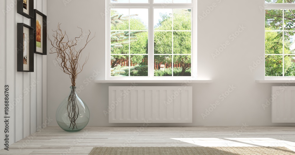 White empty room with summer landscape in window. Scandinavian interior design. 3D illustration - obrazy, fototapety, plakaty 