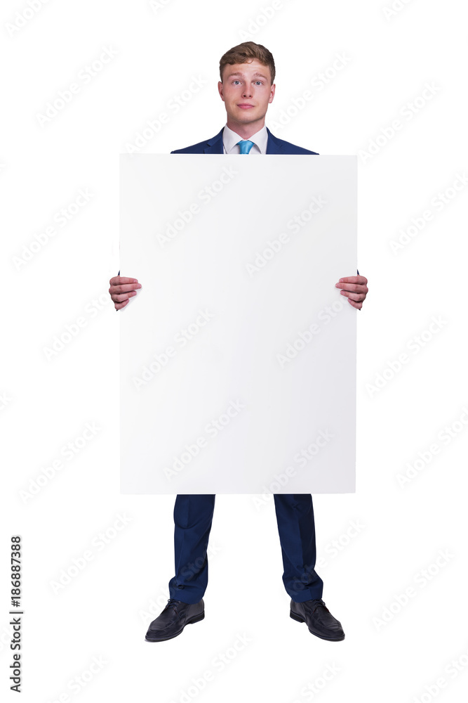 Businessman in blue siut holding blank banner board, isolated over white background. Businessman in blue siut holding blank banner board, isolated over white background.