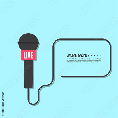 Journalism concept. Live news template with microphone. Symbol breaking news on TV and radio. Journalist, interview, reporter, press, interviewer, mass media, paparazzi, mic text box Vector