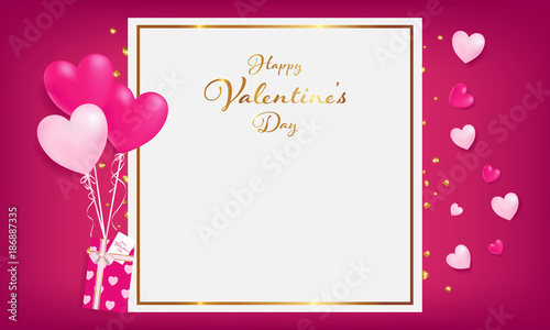 white space board with gold border and happy valentine's day text ,golden heart glitter drop beside board ,balloons tie to gift box,  artwork usage in advertising decorative or cerebrate invitation. © koojadoo