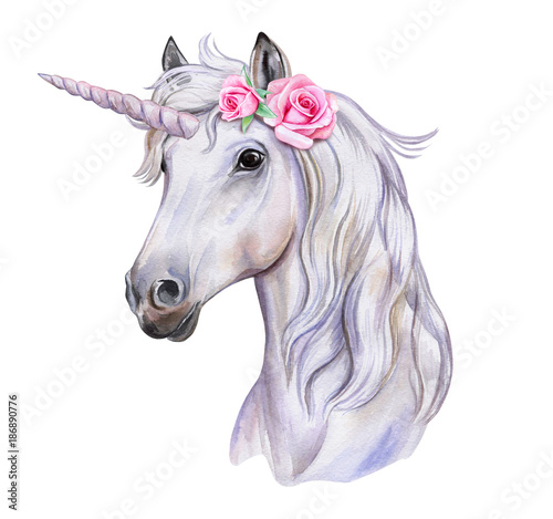 Unicorn with a wreath of flowers. White Horse. Watercolor. Digital art. Illustration. Template. Clipart © Yuliia