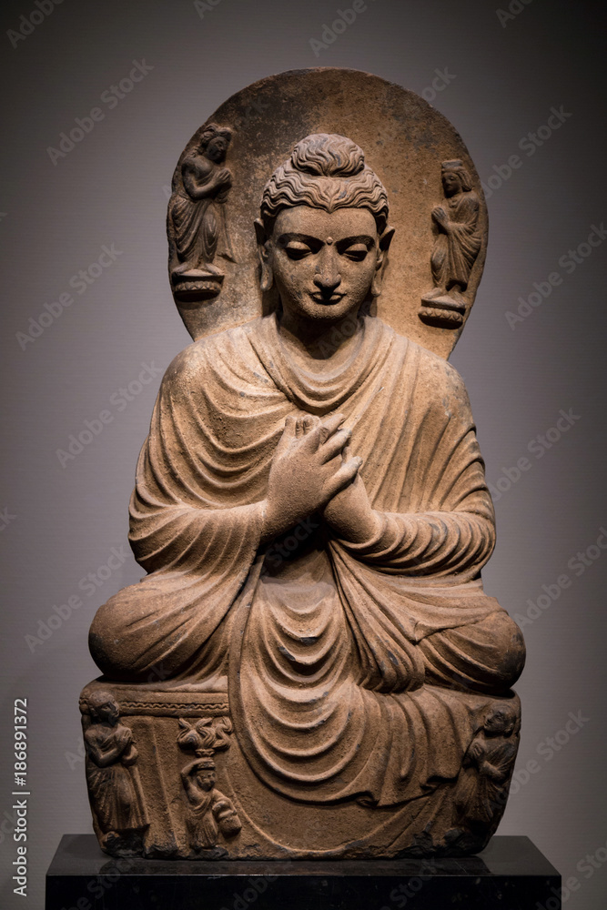 ancient seated Buddha schist statue image in 2nd3rd century, Kushan