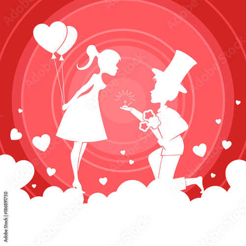 red design with silhouette of girl and boy