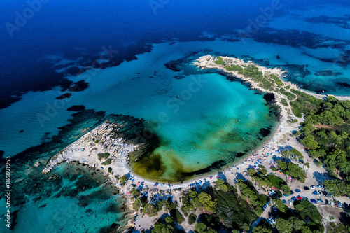 Aerial view of the beautiful Karidi beach in the Vourvourou of Chalkidiki