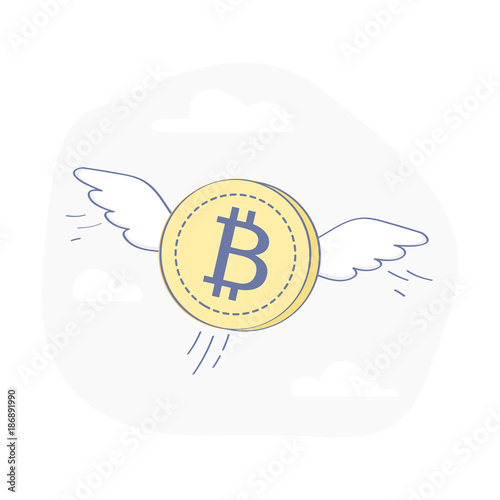 Bitcoin Coin Flies Through the Clouds with Wings, Crypto Currency Growing concept. Business concept, flat outline cartoon vector Illustration.
