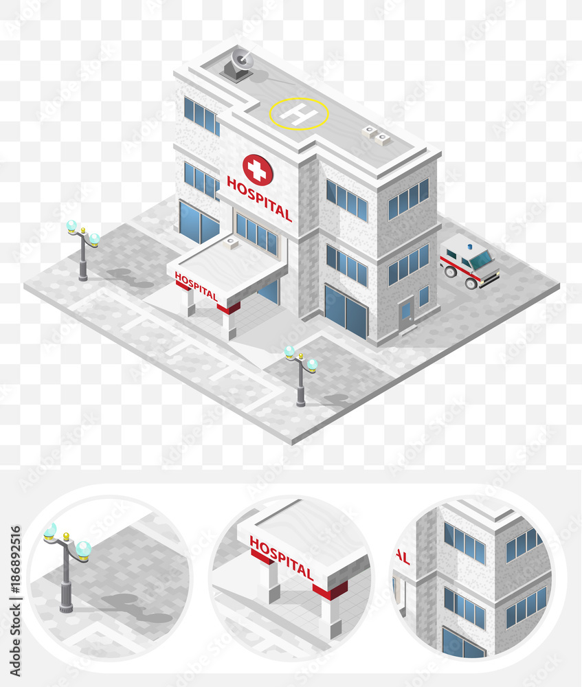 Set of Isolated High Quality Isometric City Elements . Hospital on Transparent Background