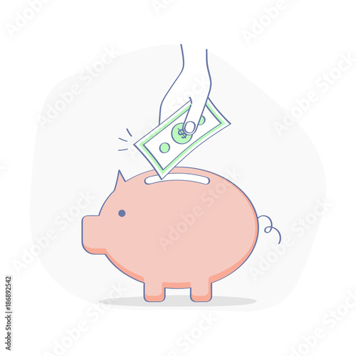 Savings, Pig icon, Money Savings vector concept. The hand puts money bill inside the piggy bank. Contribution, money protection, deposit, business symbol. Flat outline design element,