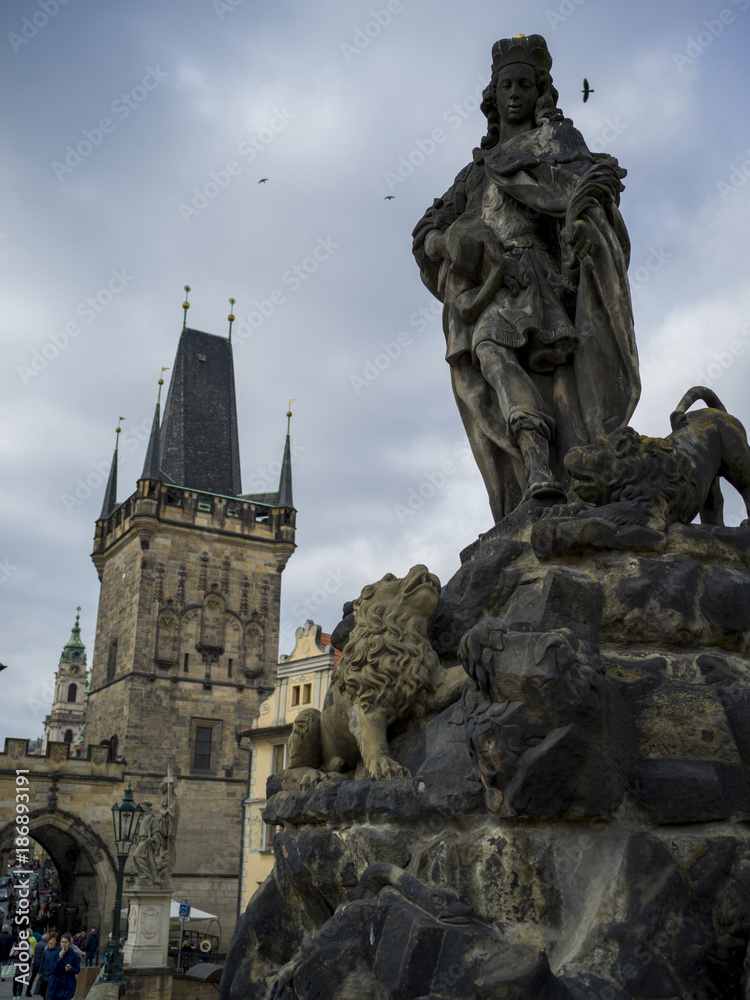 Statues and Lesser Town Bridge Tower at Charles Bridge, Lesser Town, Prague, Czech Republic