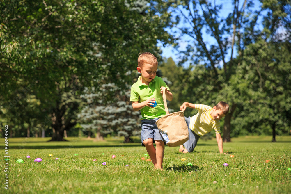 children collect Easter eggs in the park. cheerful boys pick up colorful eggs. The concept of Easter Egg Hunt children collect Easter eggs in the park. cheerful boys pick up colorful eggs. The concept of Easter Egg Hunt