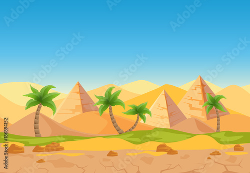 Cartoon nature sand desert game style vector landscape with palms  herbs and Egyptian pyramids.