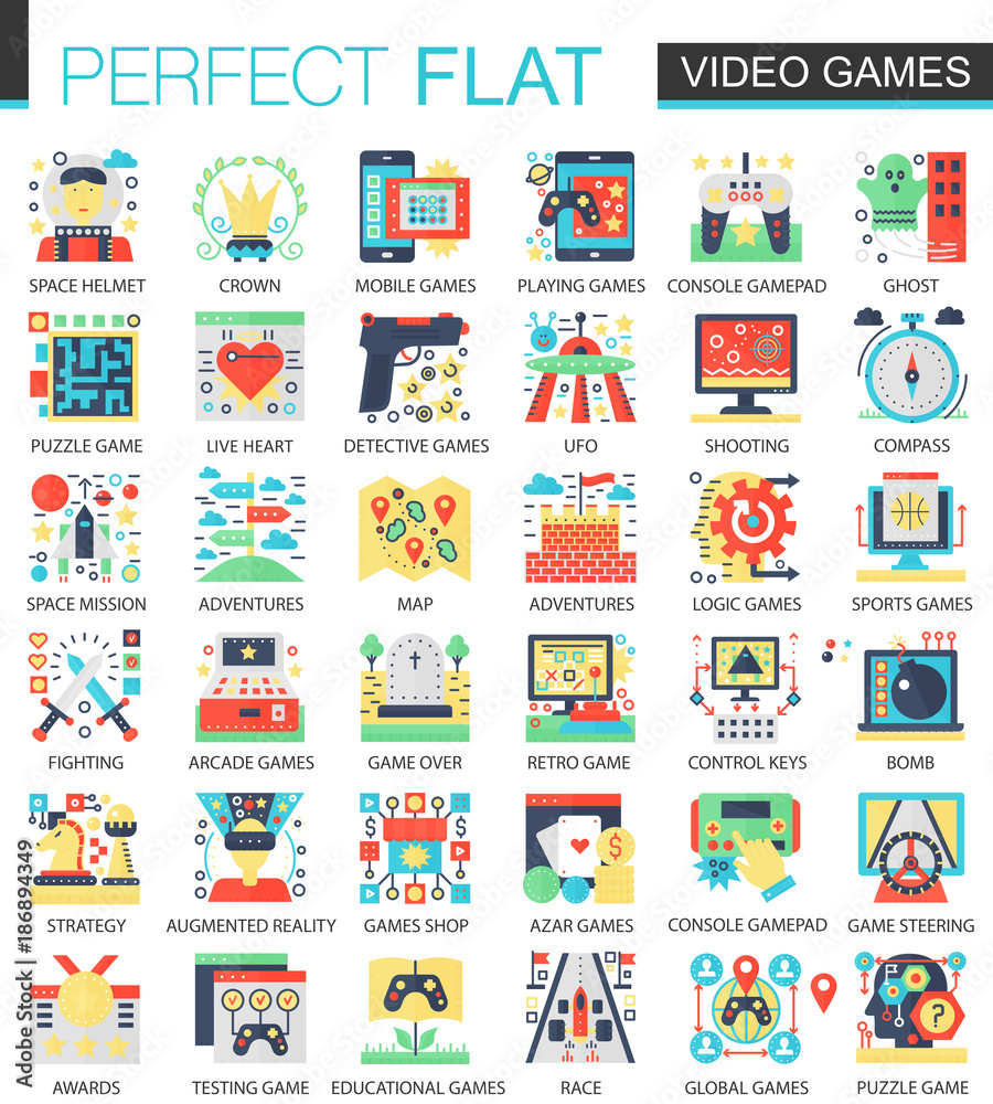 Video games, console game vector complex flat icon concept symbols for web infographic design. Video games, console game vector complex flat icon concept symbols for web infographic design.