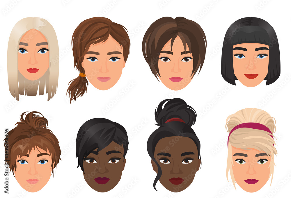 Woman female avatar set vector illustration. Multiethic beautiful young girls portrait with different hair style. Woman female avatar set vector illustration. Multiethic beautiful young girls portrait with different hair style.