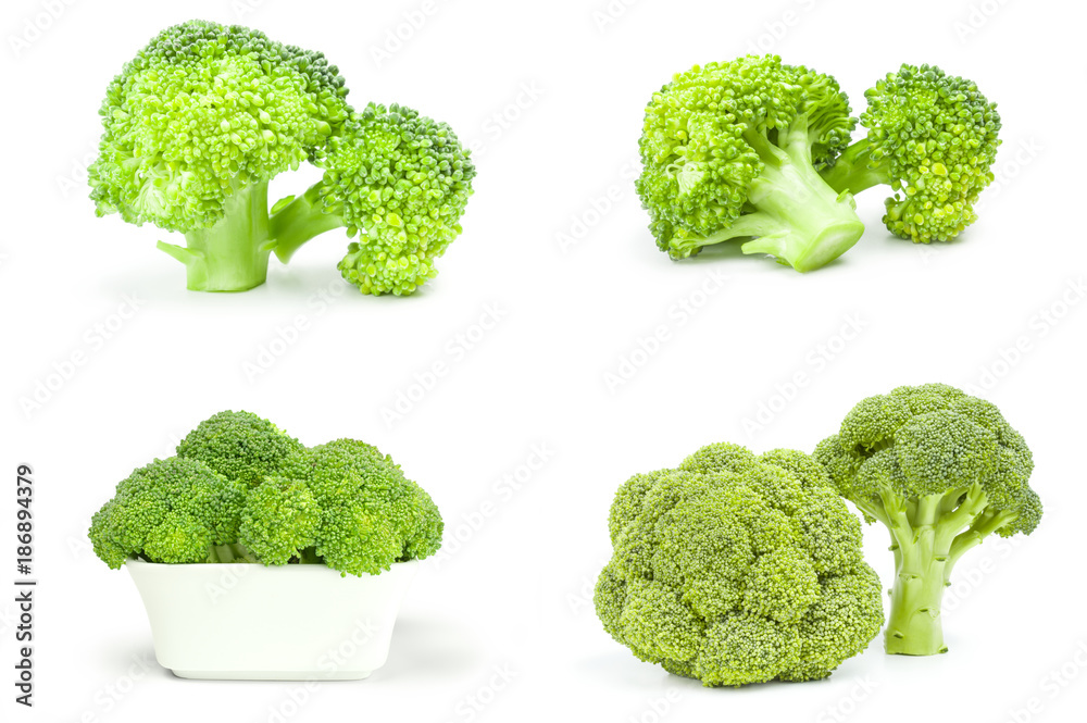 Group of fresh raw broccoli isolated on a white cutout Group of fresh raw broccoli isolated on a white cutout