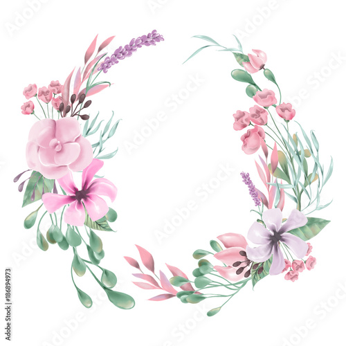 Beautiful watercolor flowers, floral wreath, round, circle frame, border, bouquet