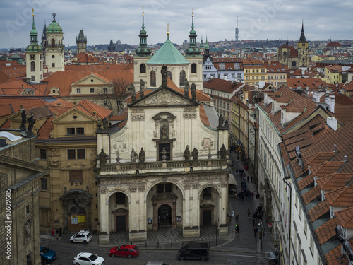 St. Salvator Church in city viewed from Old Town Bridge Tower, Prague, Czech Republic