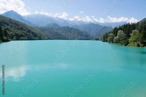Barcis lake with mountains in the background