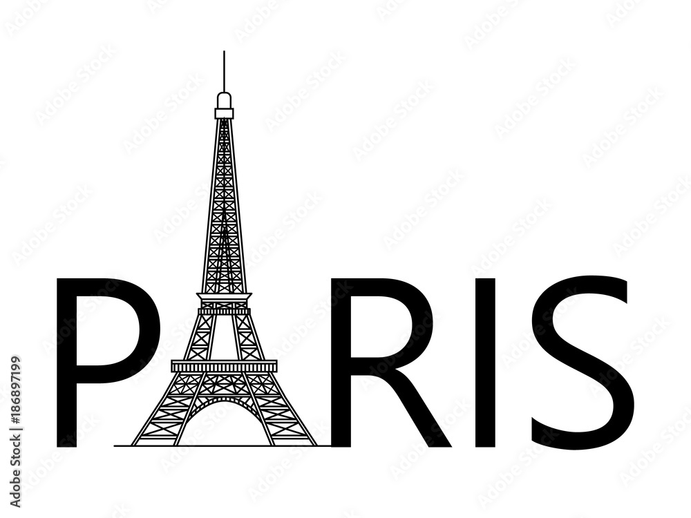 silhouette of the Eiffel tower and Paris text, on a white background
