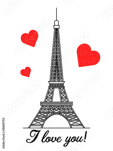 Eiffel tower on a white background with red hearts and the message I love you.